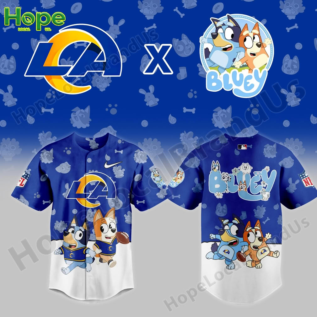 A baseball jersey with the Los Angeles Rams logo and Bluey and Bingo from the animated series.