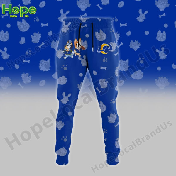 Sweatpants featuring the Los Angeles Rams logo and Bluey and Bingo characters.