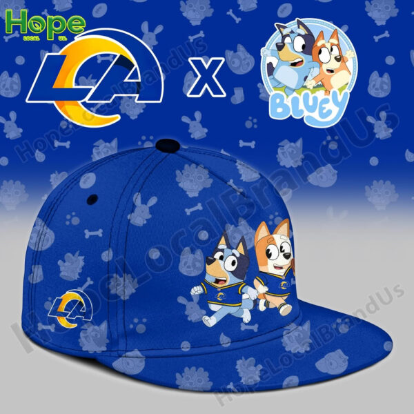 A cap featuring the Los Angeles Rams logo and Bluey and Bingo characters.