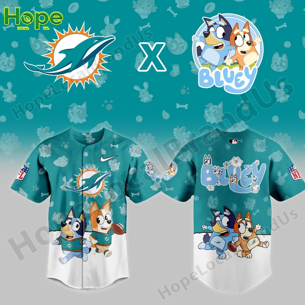 A Miami Dolphins x Bluey and Bingo collaboration jersey with Bluey and Bingo featured in front, surrounded by Dolphins logos and playful graphics.