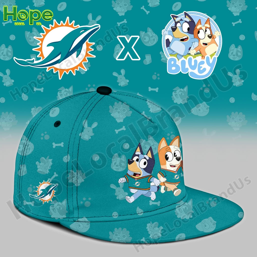 A Miami Dolphins x Bluey and Bingo cap featuring Bluey and Bingo running, with a Dolphins logo on the side, on a teal cap background.
