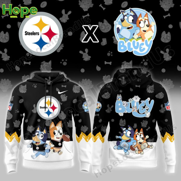 A front and back view of a black and white hoodie featuring the Pittsburgh Steelers logo and cartoon characters Bluey and Bingo!
