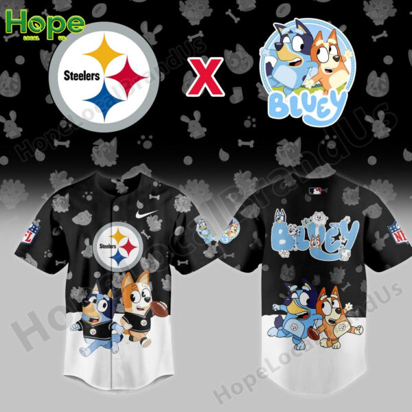 A front and back view of a Pittsburgh Steelers baseball jersey with a crossover design featuring the cartoon dogs Bluey and Bingo!