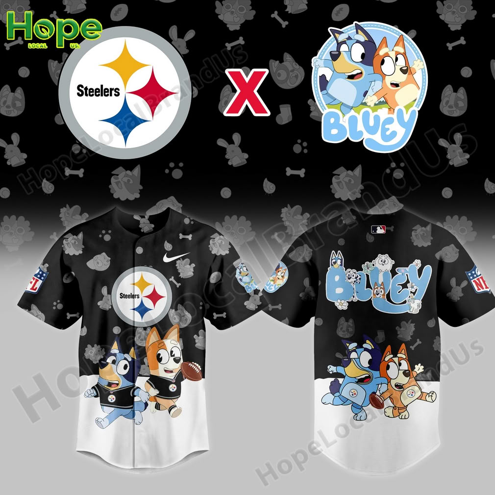 A front and back view of a Pittsburgh Steelers baseball jersey with a crossover design featuring the cartoon dogs Bluey and Bingo!