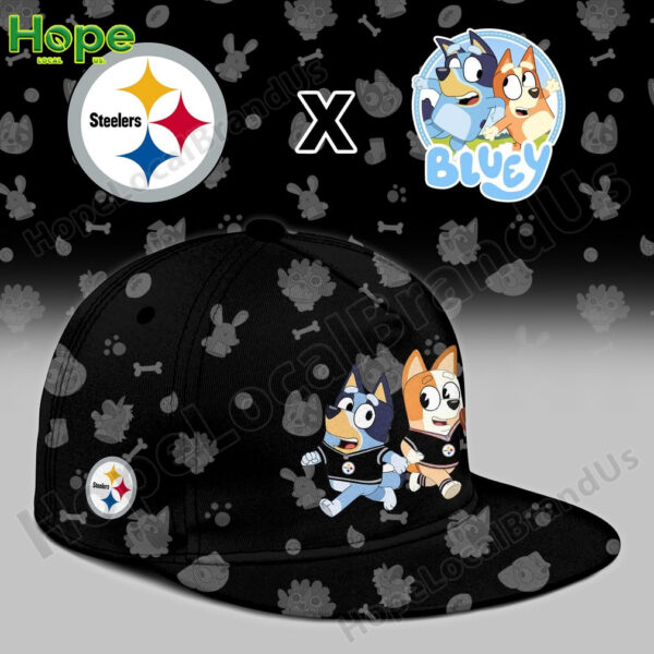 detailed closeup of a black baseball cap featuring the Pittsburgh Steelers logo and the characters Bluey and Bingo!