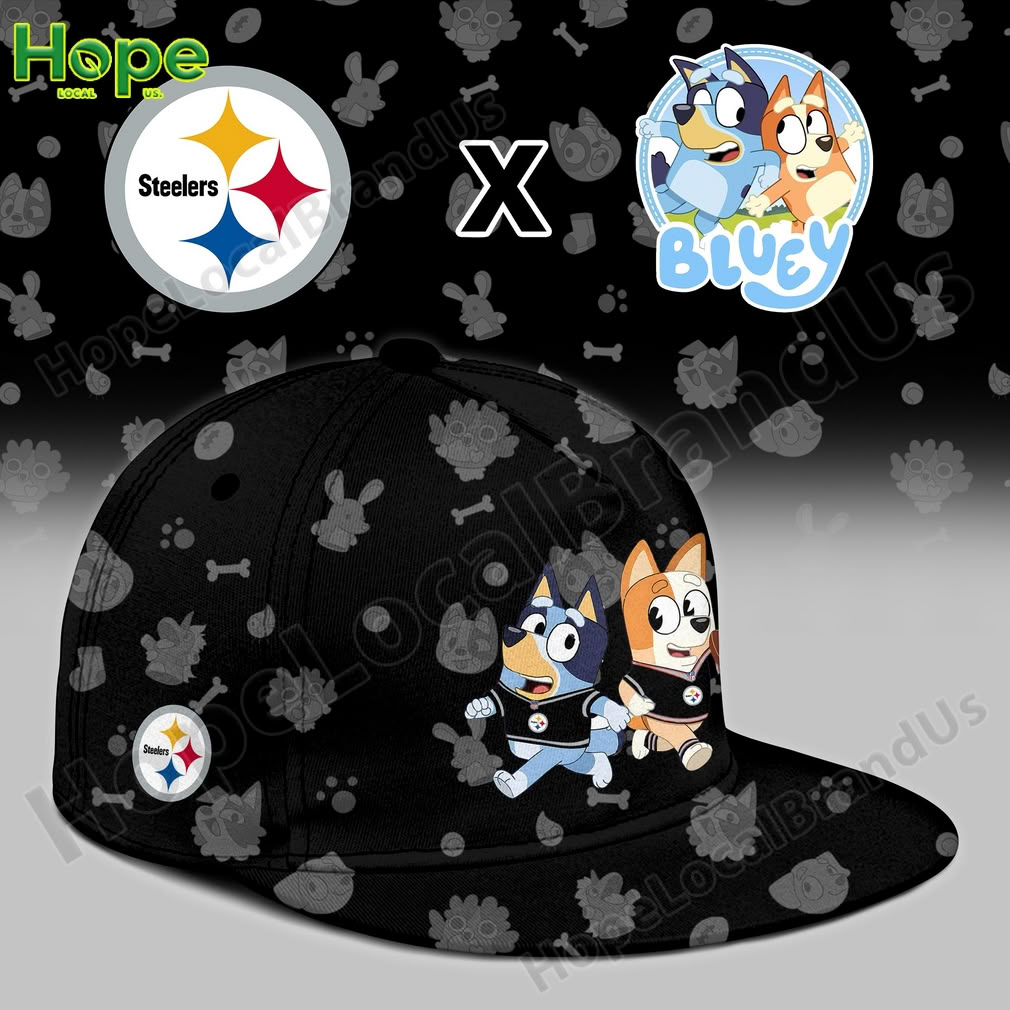 detailed closeup of a black baseball cap featuring the Pittsburgh Steelers logo and the characters Bluey and Bingo!
