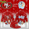 A collection of red San Francisco 49ers and Bluey crossover apparel including a hoodie and a matching cap!
