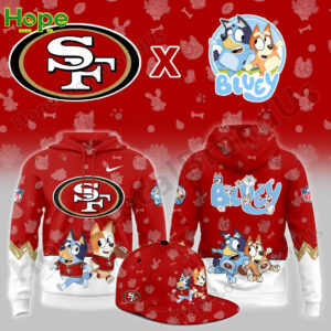 A collection of red San Francisco 49ers and Bluey crossover apparel including a hoodie and a matching cap!