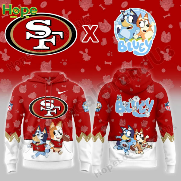 Front and back views of a red San Francisco 49ers hoodie featuring Bluey and Bingo characters!