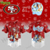 A red San Francisco 49ers baseball jersey with Bluey and Bingo on the front!