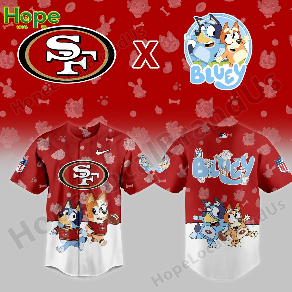 A red San Francisco 49ers baseball jersey with Bluey and Bingo on the front!