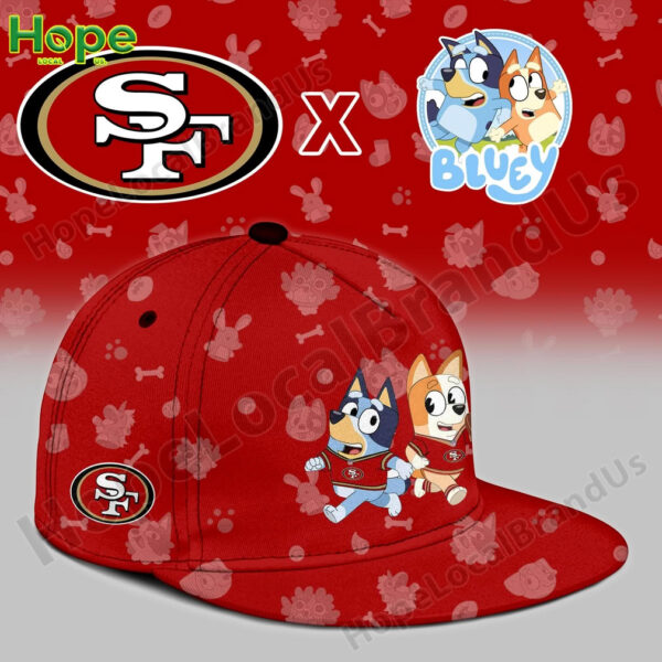 A close up of a red cap with Bluey and Bingo on the front and a San Francisco 49ers logo on the side!