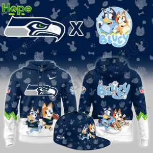 A collection of Seattle Seahawks and Bluey crossover apparel including a navy blue hoodie and a matching cap!