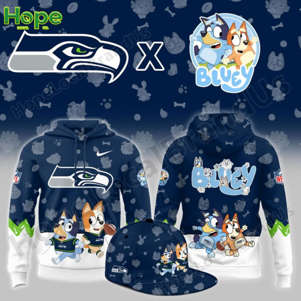 A collection of Seattle Seahawks and Bluey crossover apparel including a navy blue hoodie and a matching cap!
