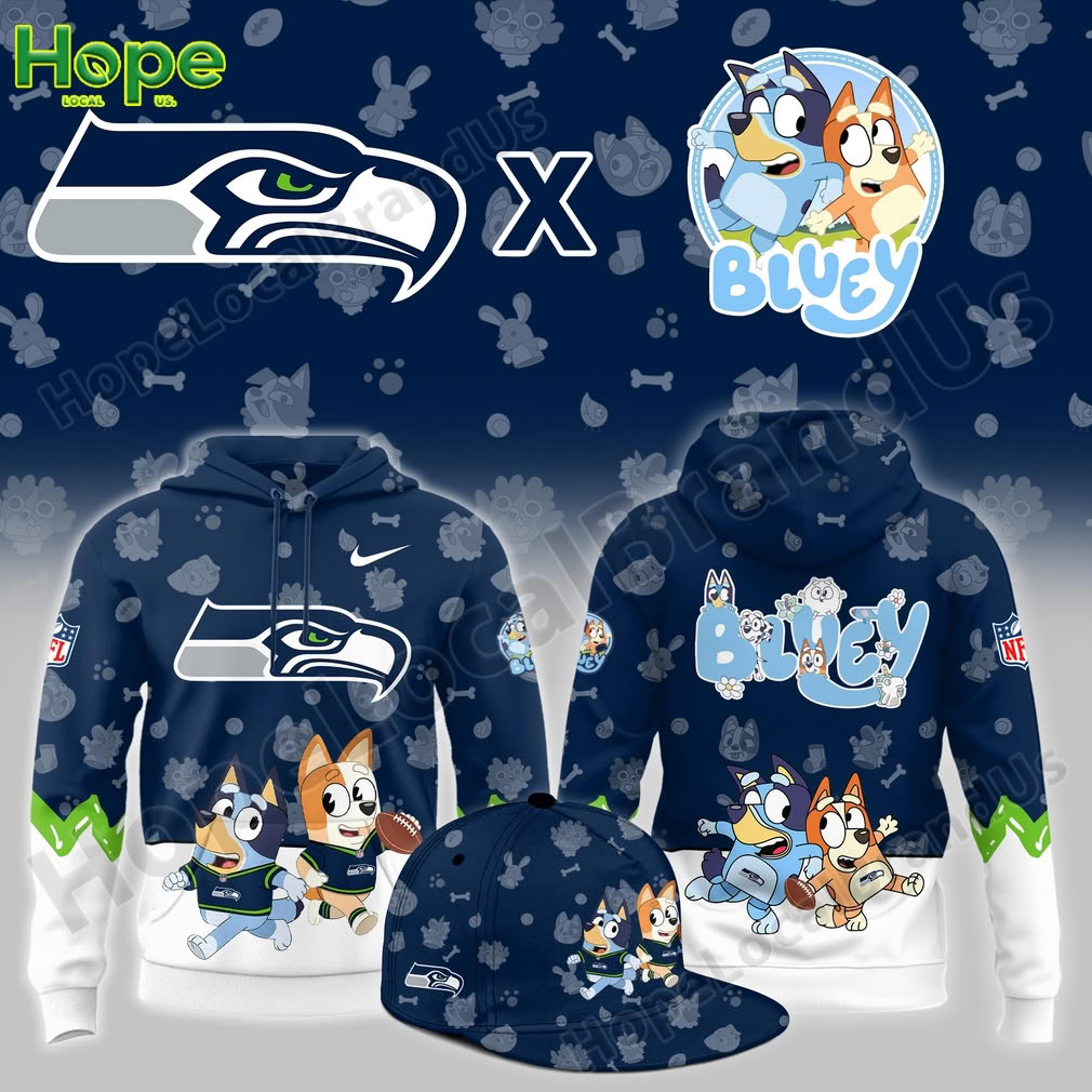 A collection of Seattle Seahawks and Bluey crossover apparel including a navy blue hoodie and a matching cap!