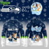 Front and back views of a navy blue Seattle Seahawks hoodie featuring Bluey and Bingo characters!