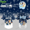 A navy blue Seattle Seahawks baseball jersey with Bluey and Bingo on the front!