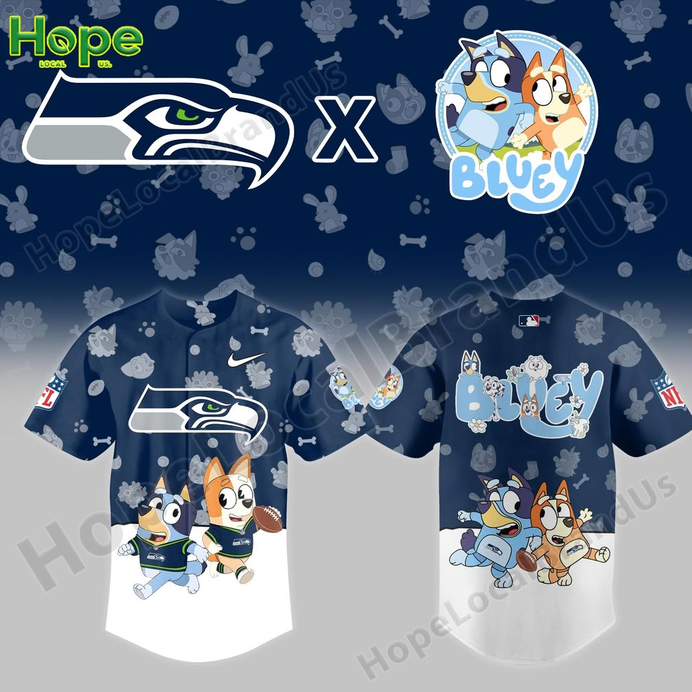 A navy blue Seattle Seahawks baseball jersey with Bluey and Bingo on the front!
