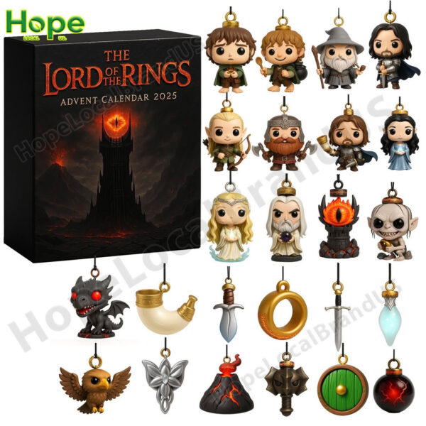 The black Mordor themed Lord of the Rings Advent Calendar box is displayed next to the 24 unique character and item figures from the set!