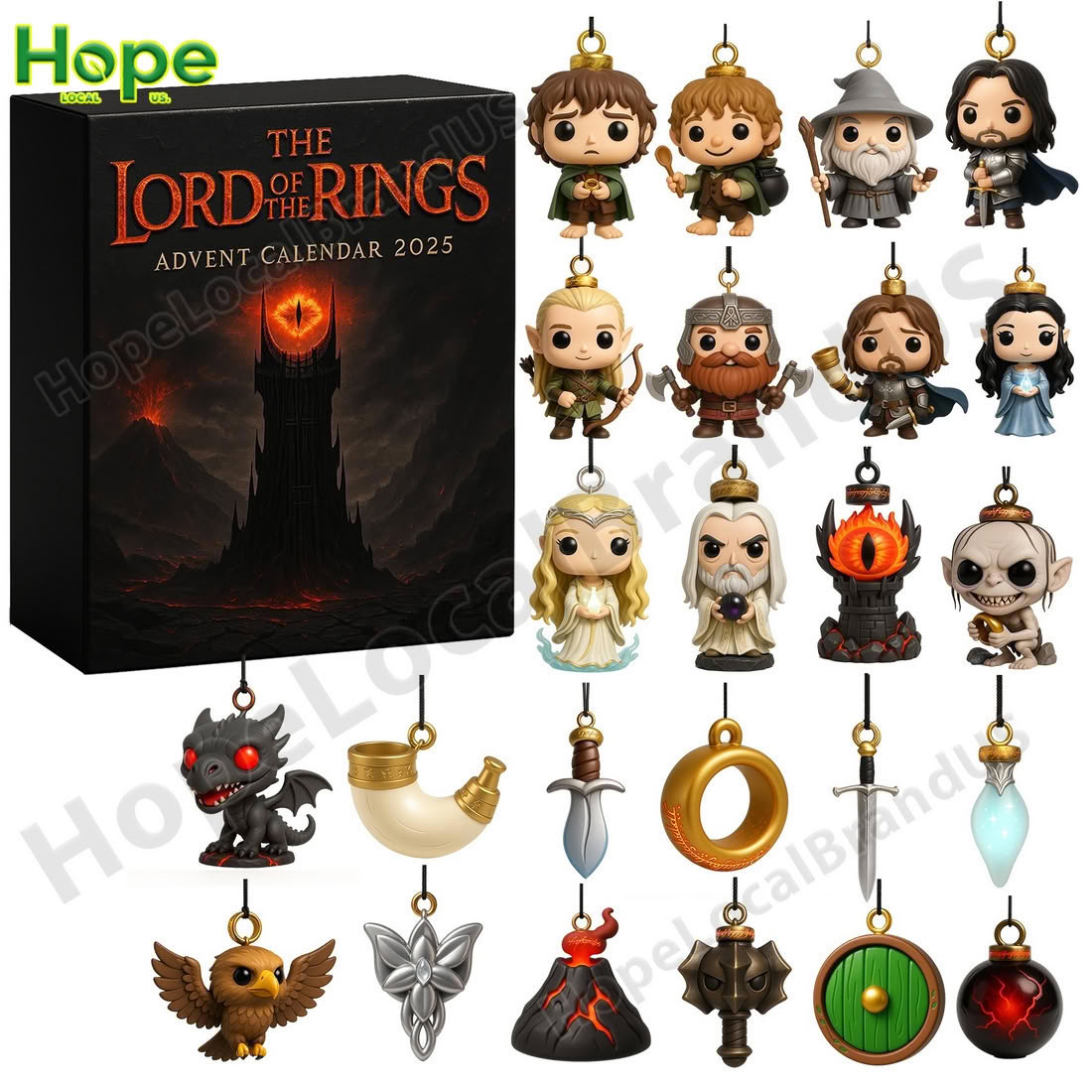 The black Mordor themed Lord of the Rings Advent Calendar box is displayed next to the 24 unique character and item figures from the set!