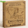 The parchment colored Lord of the Rings Advent Calendar box with a map of Middle earth is displayed next to the 24 unique character and item figures!