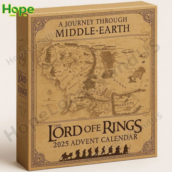 The parchment colored Lord of the Rings Advent Calendar box with a map of Middle earth is displayed next to the 24 unique character and item figures!
