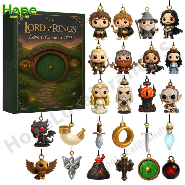 The green Shire themed Lord of the Rings Advent Calendar box is displayed next to the 24 unique character and item figures from the set!