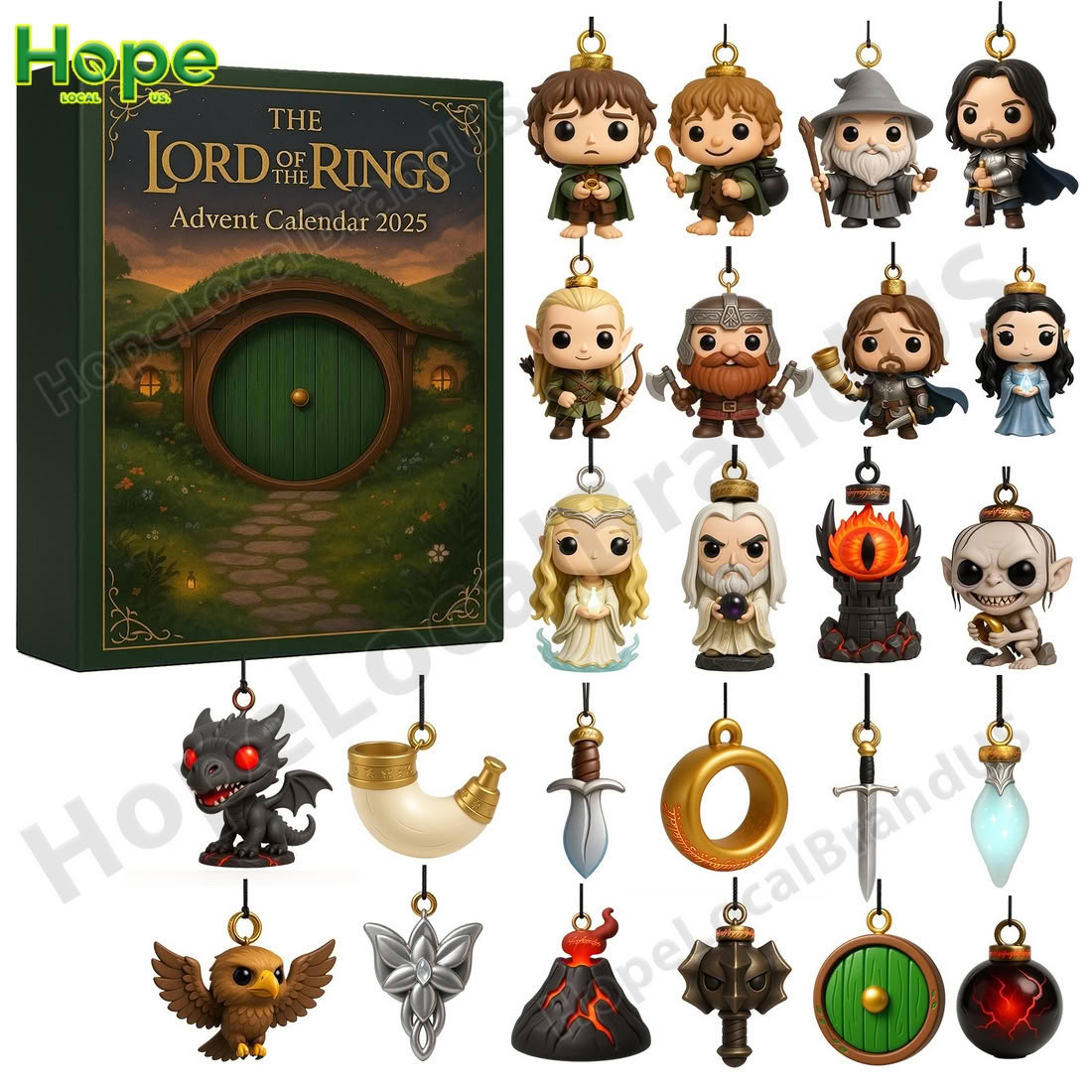 The green Shire themed Lord of the Rings Advent Calendar box is displayed next to the 24 unique character and item figures from the set!