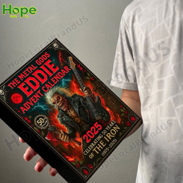 A person holds the black Metal Gods Eddie advent calendar box in their hands showing its size!