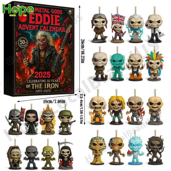 The Metal Gods Eddie advent calendar box shown next to all 24 unique collectible character figures included inside!