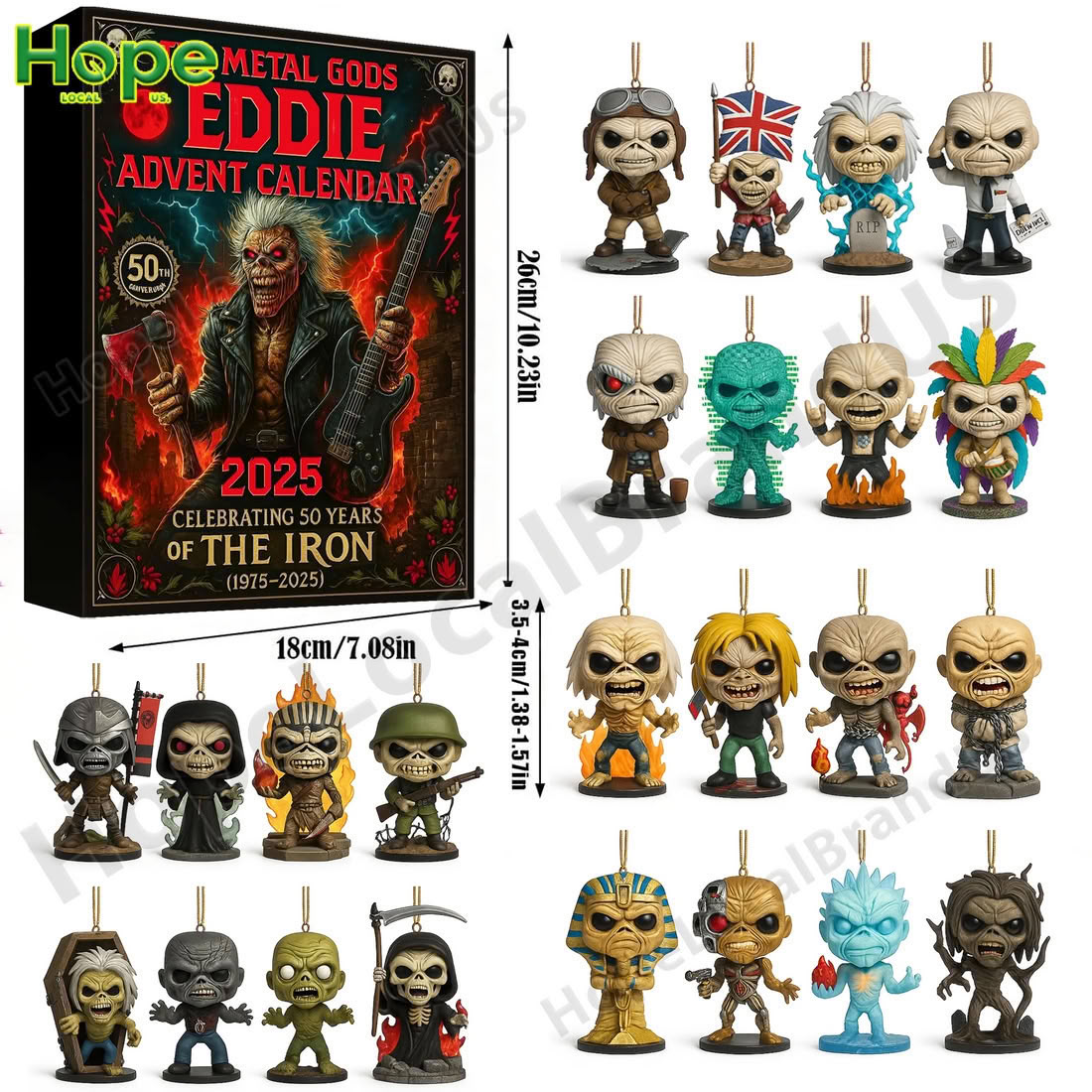 The Metal Gods Eddie advent calendar box shown next to all 24 unique collectible character figures included inside!