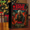 The Metal Gods Eddie advent calendar stands on a wooden table with a decorated Christmas tree in the background!