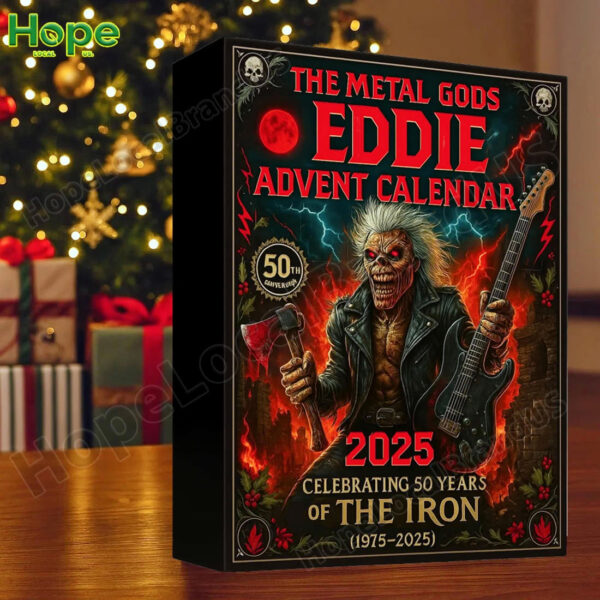 The Metal Gods Eddie advent calendar stands on a wooden table with a decorated Christmas tree in the background!