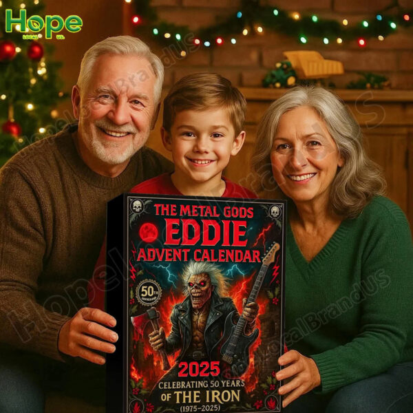 A happy family with an older man an older woman and a young boy smiles while holding The Metal Gods Eddie advent calendar!