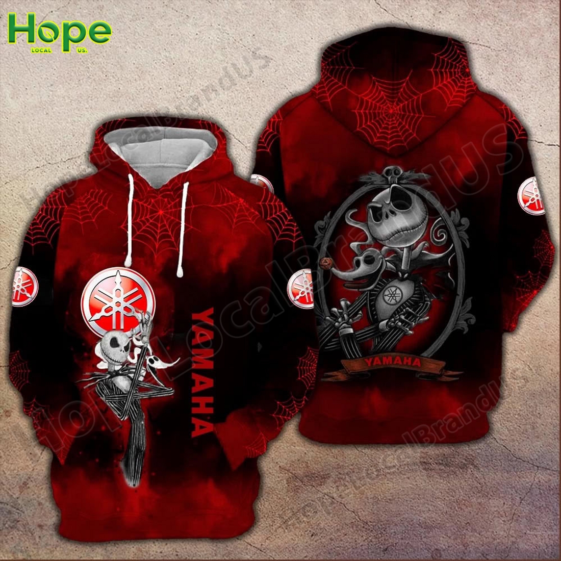 Red Yamaha hoodie with Jack Skellington design and spider web details.
