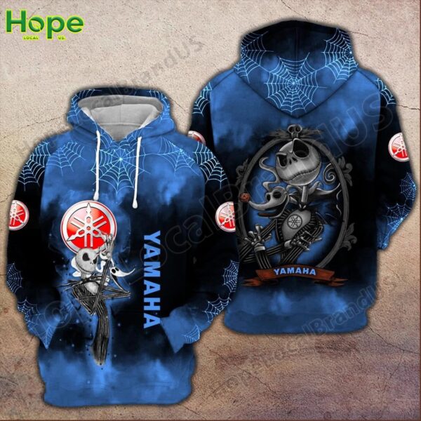 Blue Yamaha hoodie with Jack Skellington design and spider web details.