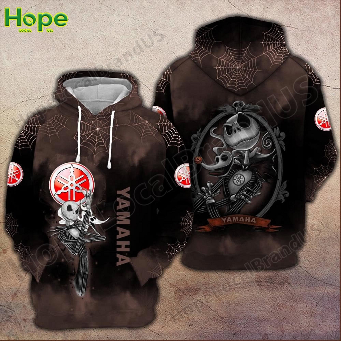Brown Yamaha hoodie with Jack Skellington design and spider web details.