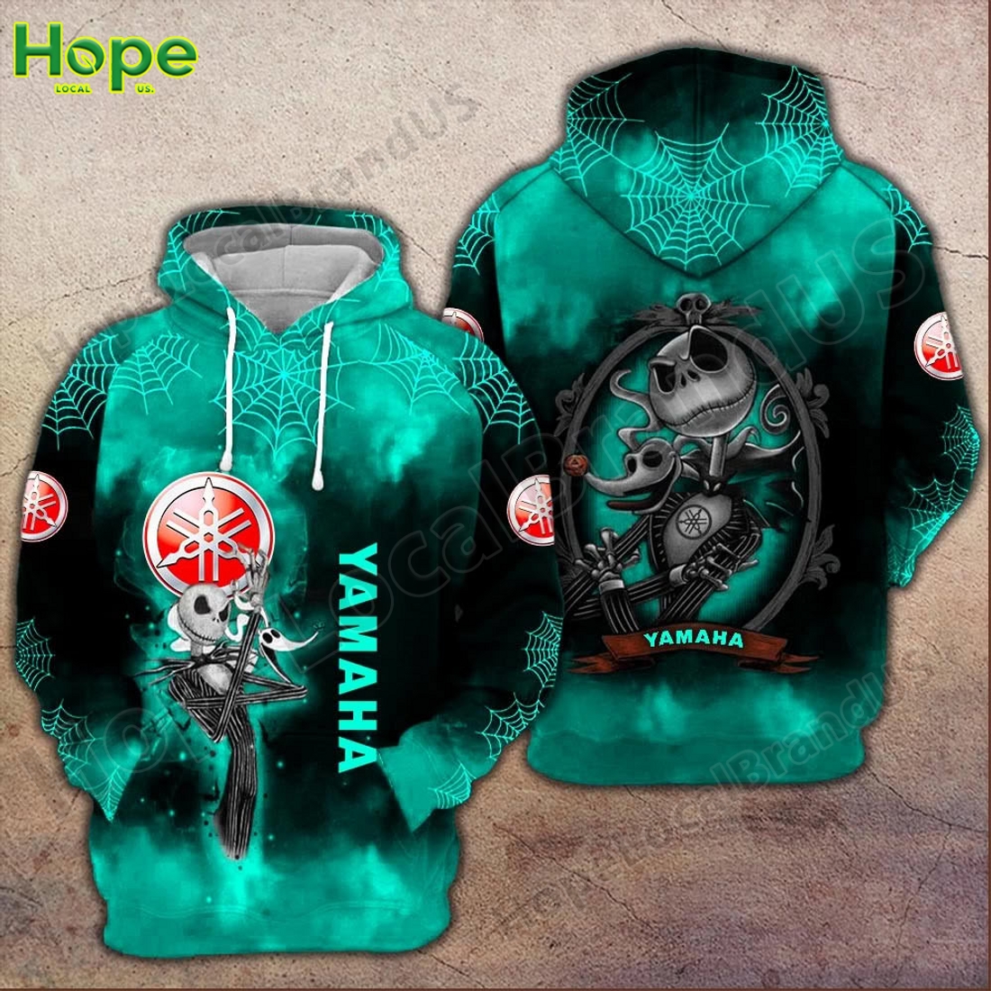 Teal Yamaha hoodie with Jack Skellington design and spider web details.